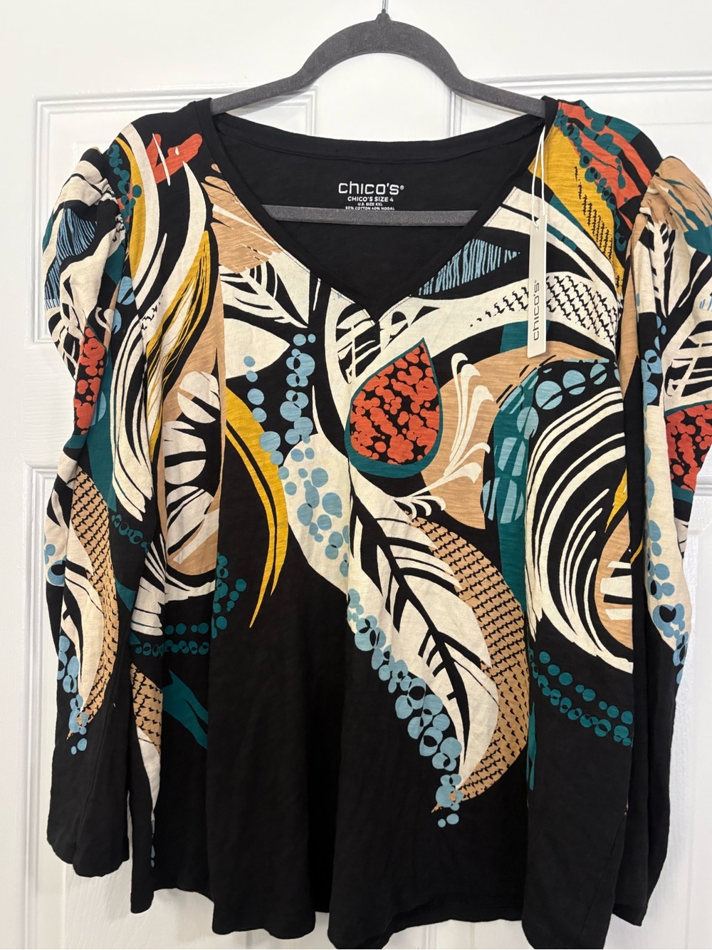 Chico's Black Multicolor V-Neck Tunic with Teal, Tan & Mustard Accents